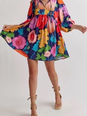 Entro Navy Floral Mini Dress with Pink, Yellow & Green Blooms